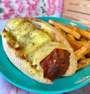 vegan meatball sub with fries at devil's lettuce in Richmond