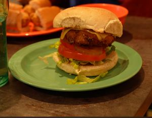 spicy fried chicken sandwich (vegan) at devil's lettuce in Richmond
