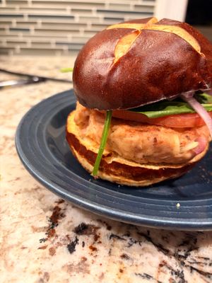 crab cake sando on pretzel bun (jackfruit and hearts of palm) -- winter solstice brunch, December 2025 at devil's lettuce in Richmond