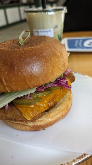 Vegan orange chicken burger at Green Papaya in Dallas