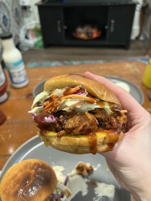 Vegan BBQ Sammy (WF’s Brioche Buns, Stubbs Sticky Sweet BBQ Sauce, FYH Vegenaise Slaw, and Melted Vegan Cheeze)  at Delight Soy in Raleigh