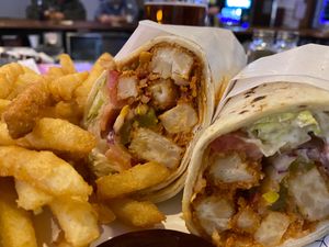 Vegan buffalo chicken wrap with fries at The Jeddo Grill in Freeland