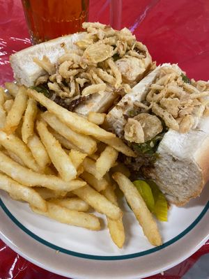 Vegan BBQ cheesesteak and fries at The Jeddo Grill in Freeland