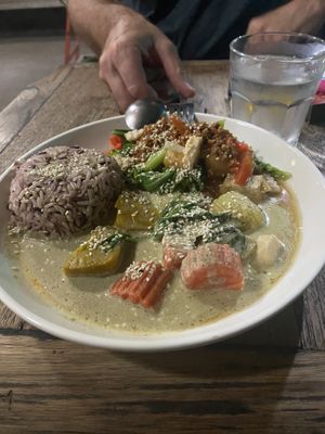 Green curry fried rice with tofu and vegetables….not spicy at all.  at La Carotte Qui Rit in Surat Thani