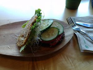 This is how a raw mushroom burger likes like. at Power House Living Foods in Nanaimo