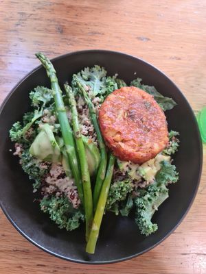 Breakfast greens with lentil patty at My Cafe in Griffith