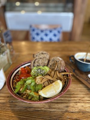 Scramble tofu bowl with mushroom, avocado and tomatoes  at Indigo - Thong Sala in Koh Phangan