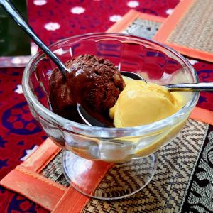 Choco-Hazelnut & Mango icecream at The Thai Vegan Kitchen in Karnataka