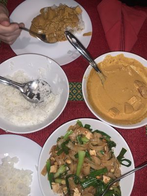 Massaman curry, pad thai and stir fried greens with tofu  at The Thai Vegan Kitchen in Karnataka