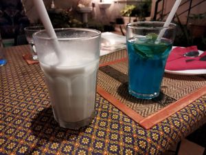 Mocktails: Pina colada and blue something (I forgot the name) at The Thai Vegan Kitchen in Karnataka