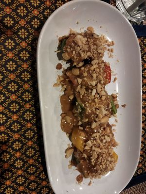 Delicious fake meat with bell pepper and satay peanut deliciousness at The Thai Vegan Kitchen in Karnataka