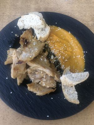 Moke meat with pumpkin’s cream and bread   at Triton's Coffee Lab in Fuerteventura