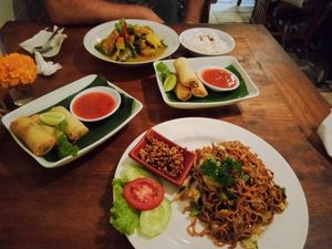Mie Goreng, Lumpia and Tempeh curry at Healthy Warung in Gianyar