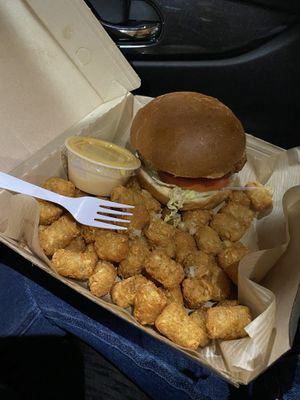 Vegan Pickle Fried Chicken Combo with Vegan Cheesy Tots. at Tattooed Mom in Philadelphia