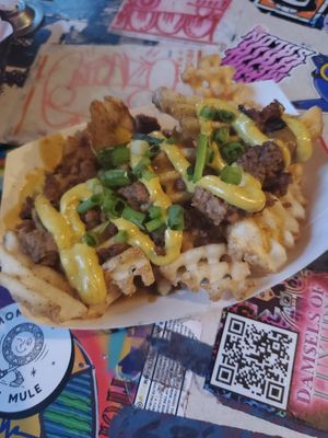Tutu Mary's Vegan Curry Pork Loaded Fries

Mom's famous waffle fries piled up high with Japanese curry, vegan at Tattooed Mom in Philadelphia