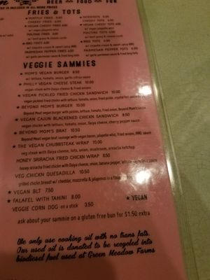 Dedicated vegetarian/vegan section of menu at Tattooed Mom in Philadelphia