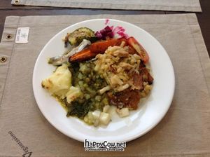 lentil-spinach-potatomash; oven veggies; some kind of yummy root vegetable with seitan; eggplant-salad, beet-salad .... excellent!! at Cafe Veganissimo in Helsinki