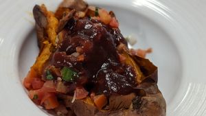 BBQ Jackfruit Stuffed Sweet Potato at Harvest Market in Springfield