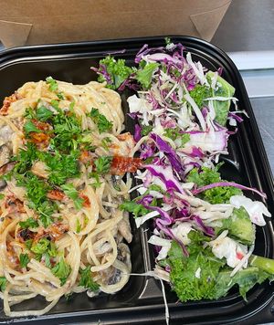 Pasta Copenhagen with mushrooms, sundries tomatoes and artichokes cooking in garlic  at Copenhagen European Kitchen & Bakery in Katy