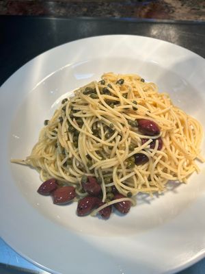 Pasta limone with olives and capers . Freshly squeezed lemon juice and virgin olive oil  at Copenhagen European Kitchen & Bakery in Katy
