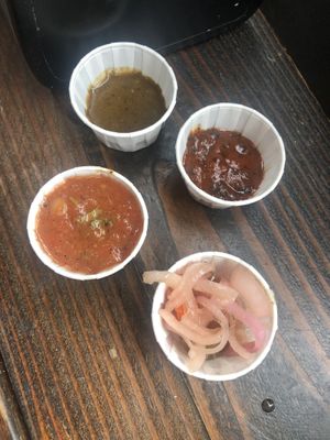 From left: salsa ranchera, salsa susy, salsa picante, and escabeche  at Pepino's Fresh Mexican Grill in Portland