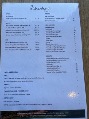 Drinks menu  at Richardson's Bistro in Coles Bay