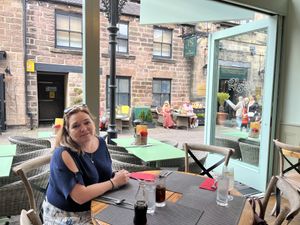 Looking out of the restaurant   at Giggling Squid in Harrogate