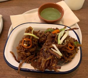 Onion Bhajis and mint chutney. at Nooch Bar and Kitchen in Stirling