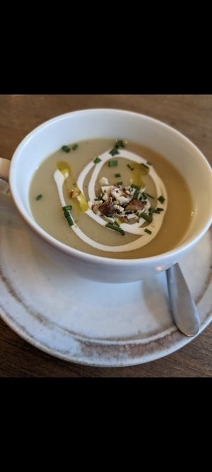 Christmas taster menu 2023 celeriac hazelnut and truffle soup  (incredible) at Nooch Bar and Kitchen in Stirling
