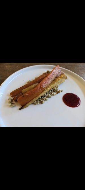 Christmas taster menu 2023 stuffing and maple chili roasted root veg at Nooch Bar and Kitchen in Stirling