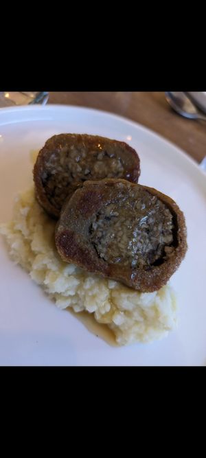 Christmas taster menu 2023 seitan veggie haggis ballotine and mashed tatties at Nooch Bar and Kitchen in Stirling