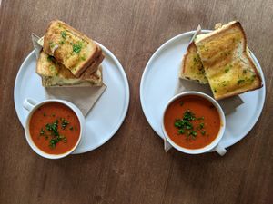 Vegan hagis and cheese melt with red pepperand lentil soup. Lovely! at Nooch Bar and Kitchen in Stirling