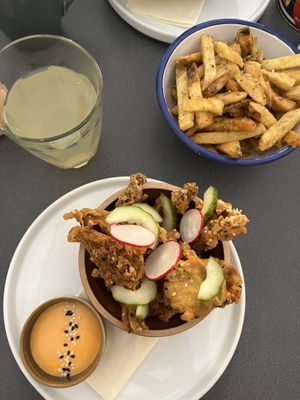 Fried oyster mushrooms plus oregano friess whilst  at Nooch Bar and Kitchen in Stirling
