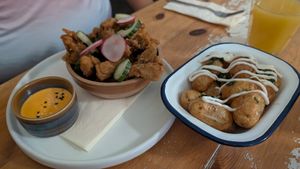 Crispy Korean fried oyster mushrooms and Crispy new potatoes at Nooch Bar and Kitchen in Stirling