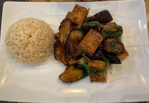 Eggplant tofu with brown rice at Vegan District Asian Eatery in Loma Linda