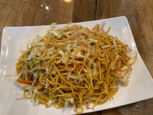 Shrimp chow mein at Vegan District Asian Eatery in Loma Linda