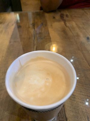 Hot mocha oat milk latte at Vegan District Asian Eatery in Loma Linda