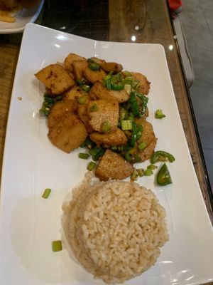 Mongolian pork with brown rice at Vegan District Asian Eatery in Loma Linda