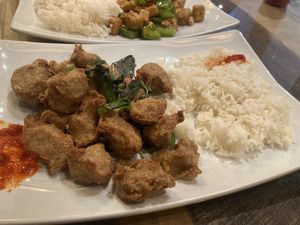 Crispy chicken main dish   at Vegan District Asian Eatery in Loma Linda