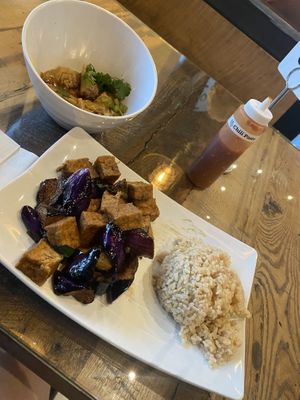 Szechuan dumplings, Eggplant & Tofu with brown rice  at Vegan District Asian Eatery in Loma Linda