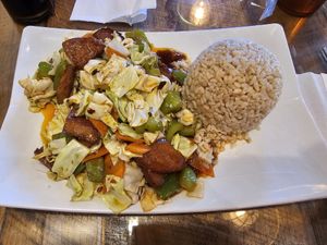 Pork and Cabbage (Good amount of pork just hidden under the veggies) at Vegan District Asian Eatery in Loma Linda