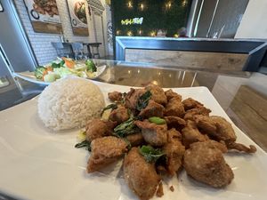 Fried Chicken and white rice with steamed veggies  at Vegan District Asian Eatery in Loma Linda