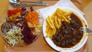 Championgulasch mit Pommes und Riesenauswahl Salat. Alles wird abgewogen. Fairer Preis und lecker at Cassius Garten in Bonn