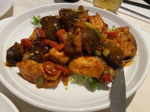 Braised tofu and Chinese mushrooms Szechuan style  at Gerrard's Corner in London
