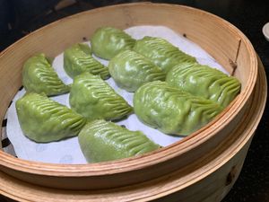 Vegan Dumplings: Bean Curd, Baby Bok Choy, Shiitake Mushrooms, Wood Ear Mushrooms, Glass Noodles, Jicama, Spinach Juice at Din Tai Fung in Arcadia