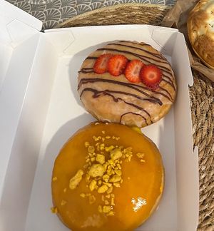 Mango and strawberry cream doughnuts  at La Moderneta in Girona