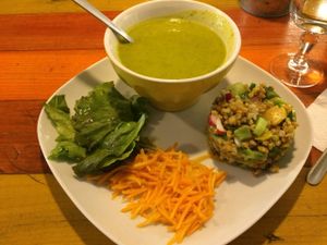 Assiette with two items (chilled soup and spelt salad), plus garnishes at Grain de Sable in Marseille