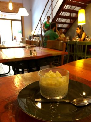 Tapioca dessert and shot of ground-floor dining room at Grain de Sable in Marseille
