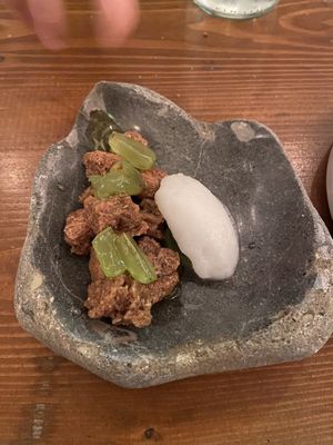 Rusk with thyme sorbet and yes, olive oil  at Panigyri Festival Food in Santorini