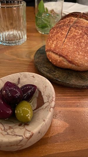 Sourdough n olives  at Panigyri Festival Food in Santorini
